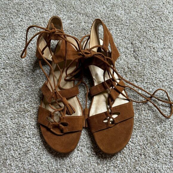 STUART WEITZMAN ROMANFLAT TIE STRAPPY GLADIATOR AMARETTO SUEDE SANDAL SZ 10 NEW - Picture 5 of 8